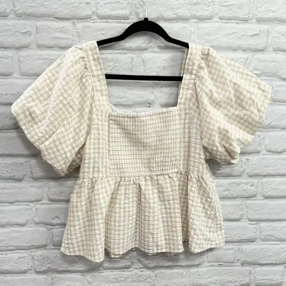 Cream Gingham Peplum Puff-Sleeve Top - Picture 2 of 2